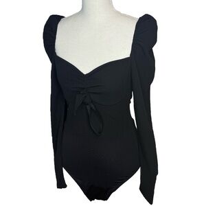 Black Puff Sleeve Sweetheart Tie Front Bodysuit – Balletcore Goth Top